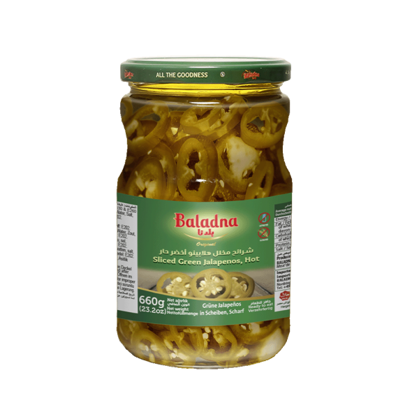 Baladna Sliced Green Jalapenos, Hot - Oriental 660 g