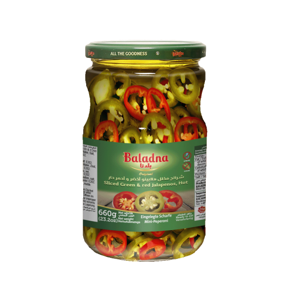 Baladna Sliced Green & Red Jalapenos, Hot - Oriental 660 g