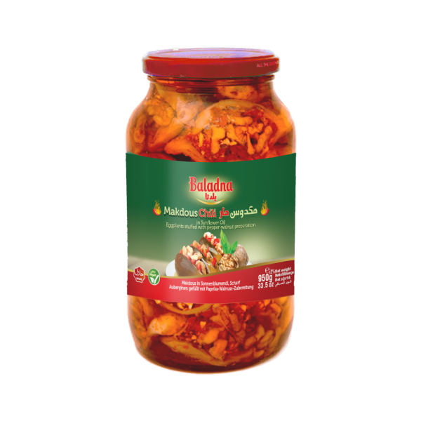Baladna Hot Makdous in Sunflower Oil Eggplants stuffed with pepper-walnut preparation - Oriental 950 g