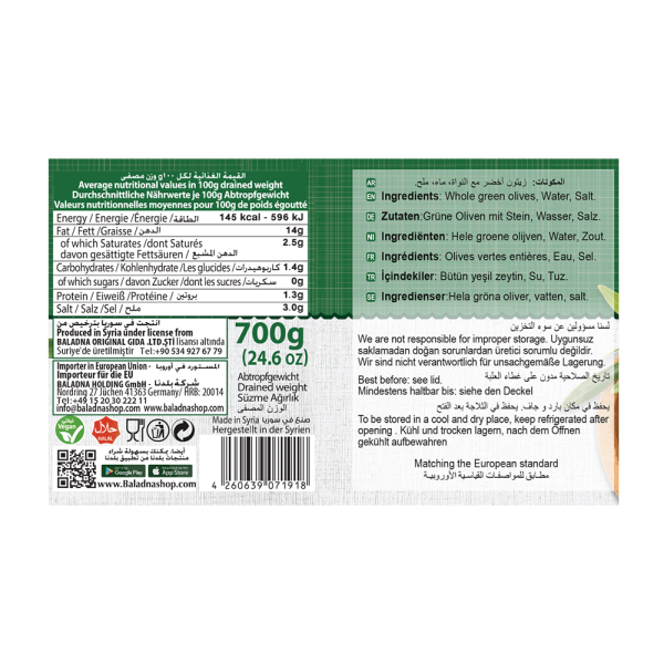 Baladna Whole Green Olives Salkini - Oriental 1000 g - Image 4