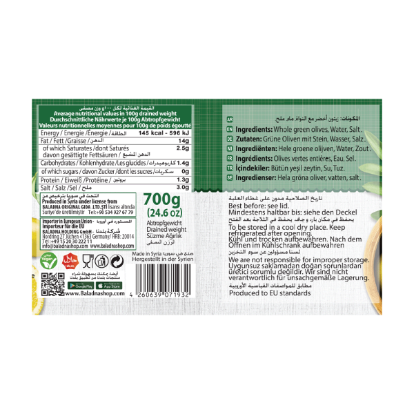 Baladna Whole Green Olives Tefahi - Oriental 1000 g - Image 4